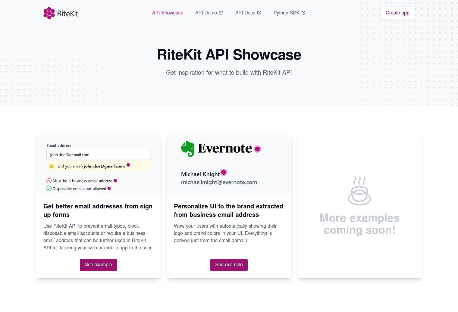 RiteKit API Showcase full screenshot